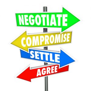 Image of street sign with four arrows stating negotiate, compromise, settle, and agree