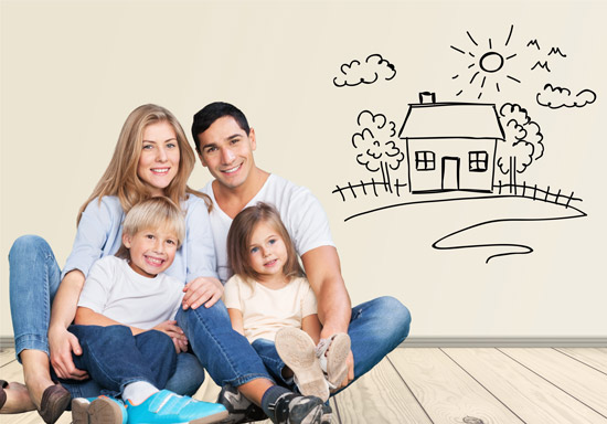 Couple seated on floor with son and daughter in front dreaming of home