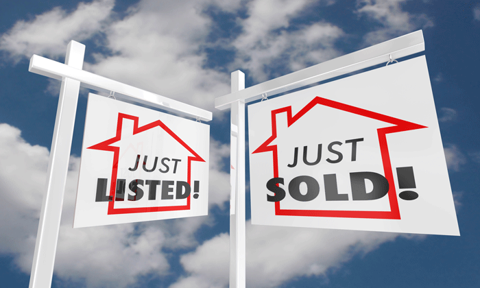 image showing two white signs wording just listed and just sold with red outline of house